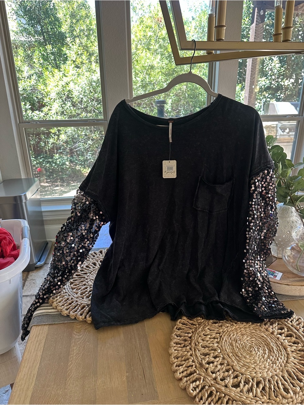 Free People NEW Women's Black Sequin-Sleeve Pocket tee
